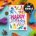 Colorful birthday card with cartoon animals surrounded by dog toys on a multicolored background.