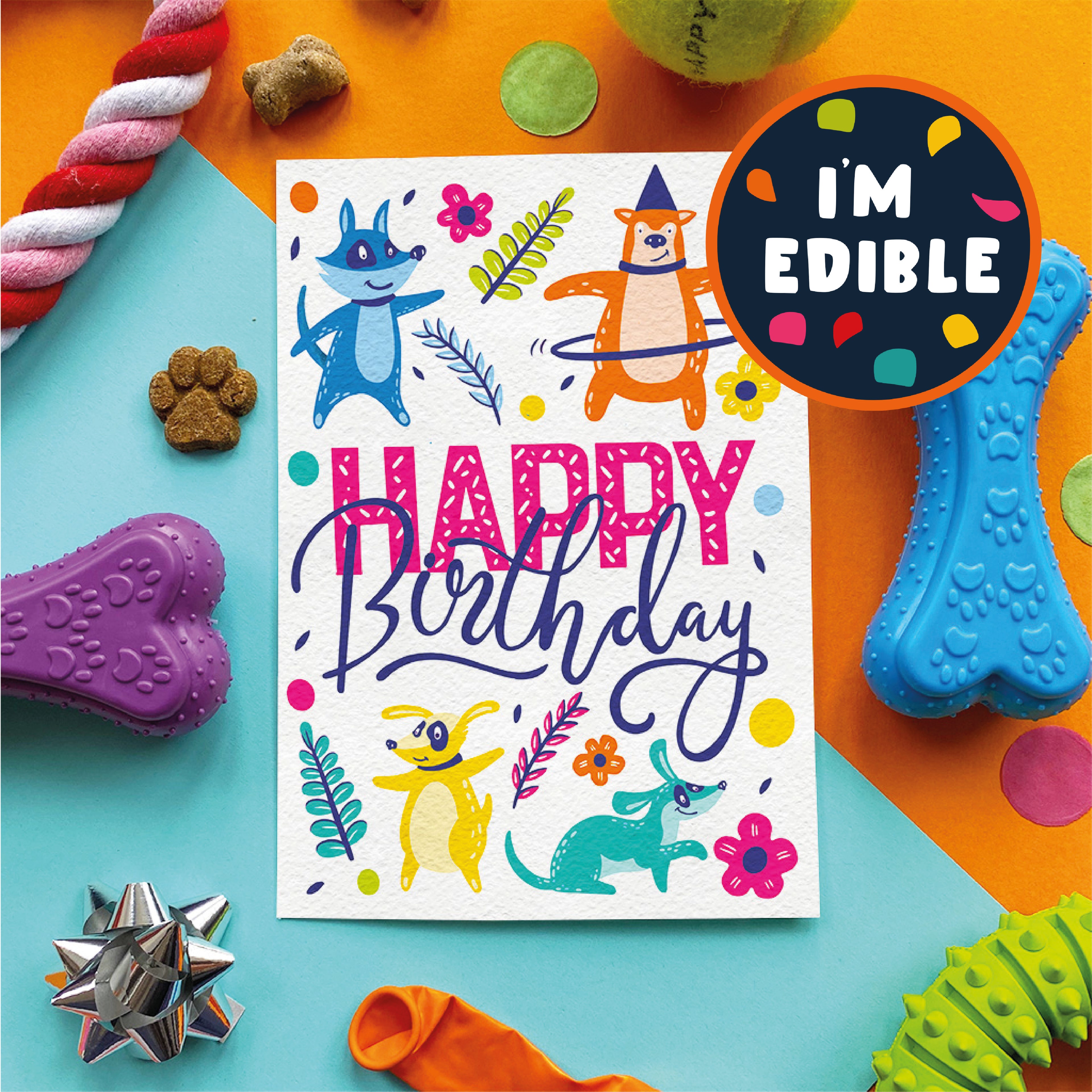 Colorful birthday card with cartoon animals surrounded by dog toys on a multicolored background.