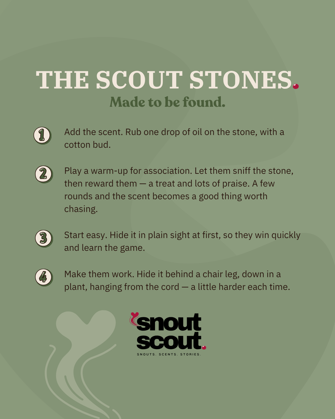 An informational graphic for 'The Scout Stones' scent game by Snout Scout, featuring four numbered steps on a muted sage green background with the Snout Scout logo at the bottom.